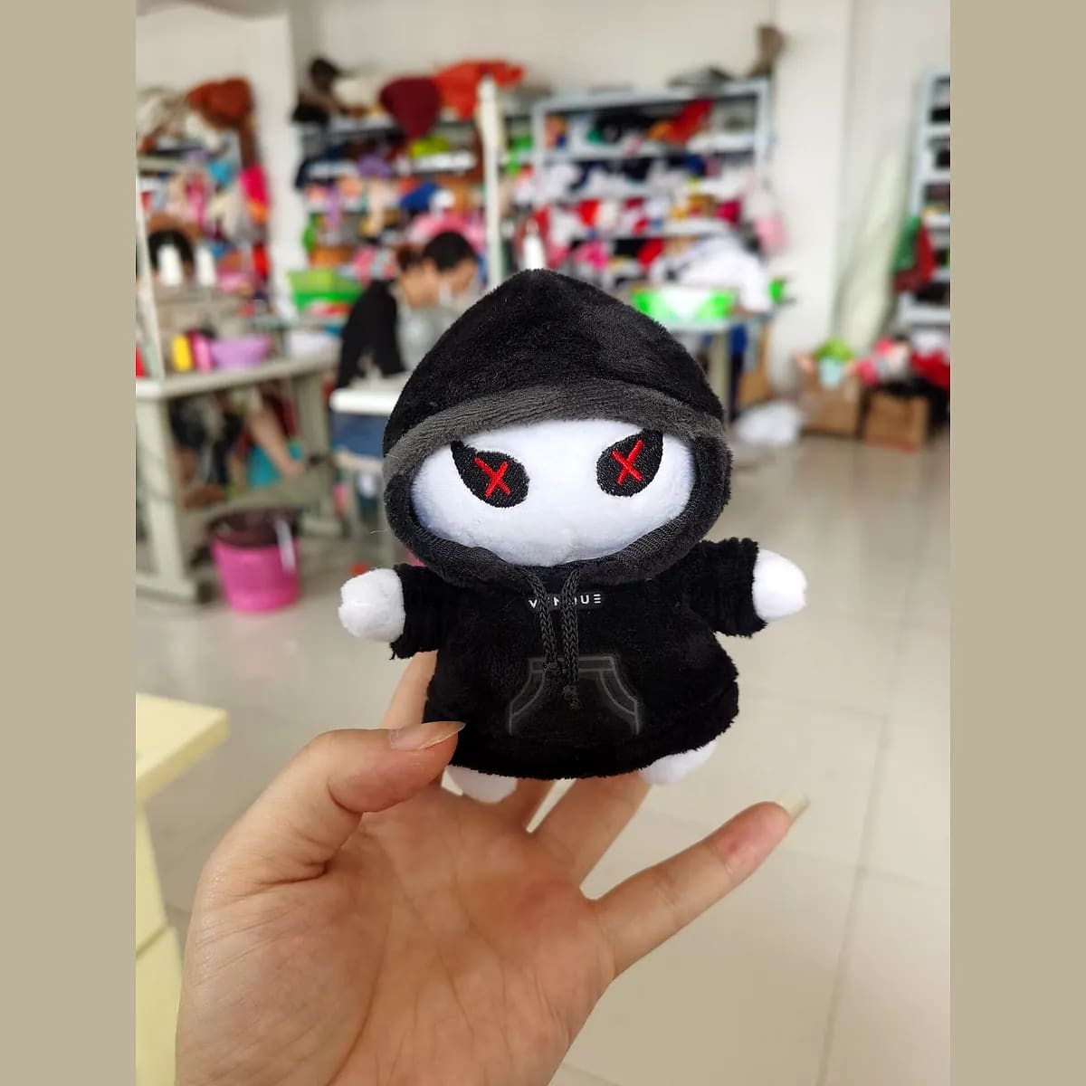 Hooded character plush charm — custom keychains manufactured in Shenzhen by Custom Plush Toy Factory